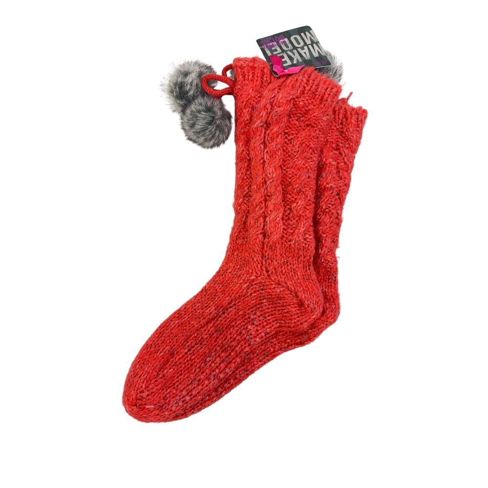 Make + Model Coral Cable Knit Slipper Socks Faux Fur Pompoms NWT